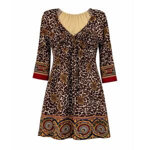 Boston Proper Muse Leopard Paisley Dress V-Neck 3/4 Sleeve Boho Jersey - Size 6